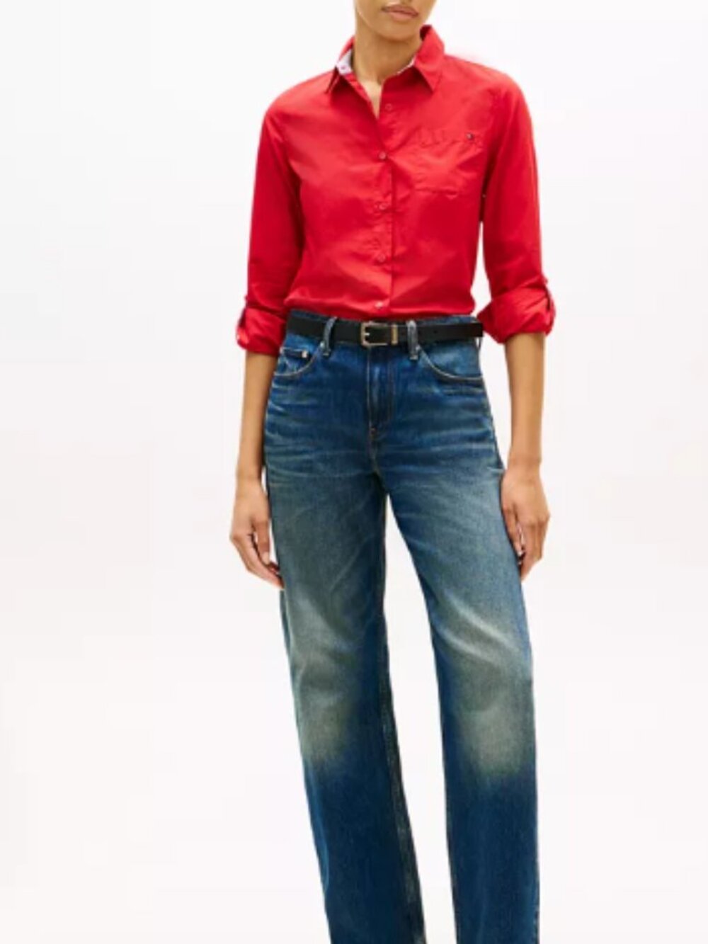 Tommy Hilfiger Red Poplin Button Down Shirt M 100% Cotton Roll Tab Sleeve